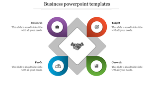 Business themed slide with four circular icons in purple, red, blue, and green, centered around a diamond framed handshake.