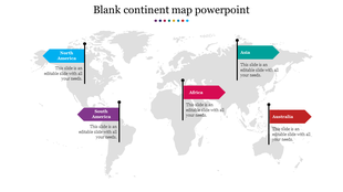 Blank continent map PPT slide with highlighted regions for North America, South America, Asia, Africa, and Australia.