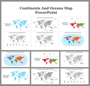 Collection of PowerPoint slides showcasing maps of continents and oceans, with labeled countries and regions.