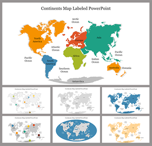 A colorful world map slides labeled with continents along with the surrounding oceans.