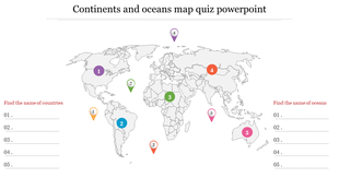 Map with colored pins labeled 1 to 5 on different continents and oceans, with answer sections on both sides.