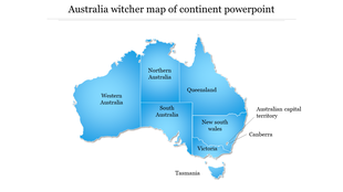 A blue shaded map of Australia, with state and territory borders and names, featuring regions with labels.