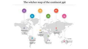 Infographic map with continent labels, each marked with a colorful number and an caption areas.