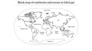 Blank world map slide highlighting major continents and oceans on a white background.