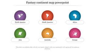 Fantasy Continent Map PowerPoint slide with colorful icons with placeholder text.