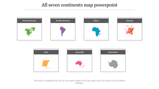 Slide featuring colorful maps of north america, south america, africa, europe, asia, australia and antarctica with text area.