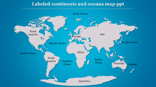 World map slide showing labeled continents and oceans from North America, Asia, Africa, Australia, and Antarctica.