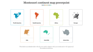 A grid of seven colored continent maps in individual boxes, each labeled with with its respective name.