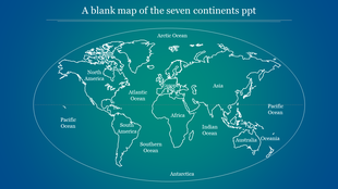 World map outline displaying seven continents and labeled oceans, set in an oval frame on a blue gradient background.