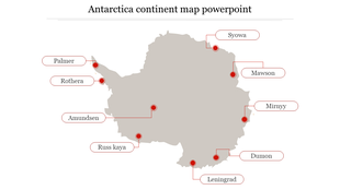 Map of antarctica slide with marked research stations from palmer to syowa in red dots.