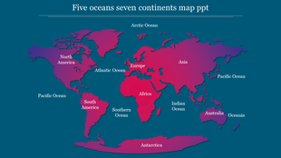Colorful world map displaying five oceans and seven continents with clear labels for each region with a deep blue background.