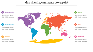Flat world map with six continents in different colors, each numbered and labeled with descriptions positioned.