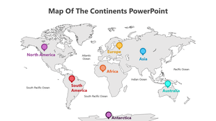 Gray world map featuring color coded labels and pins for each continent, including oceans labeled around it.
