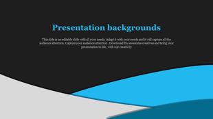 Slide featuring blue and gray curved lines at the bottom and black background with placeholder text in a dark background.