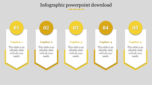 Five step infographic PowerPoint template with yellow accents and text boxes on a grey backdrop.