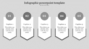 Vertical infographic with five white banners, each with a circular header, bold caption, and editable placeholder text.