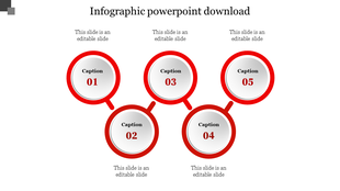 Five step infographic PowerPoint template with circular red frames and captions on a white backdrop.