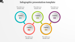 Infographic PowerPoint template with five numbered color coded circles with captions and placeholder text.