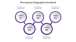 Circular infographic with five silver circles outlined in purple, labeled Caption 01 to 05 in a staggered layout.