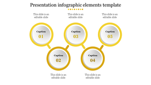 Five step infographic PowerPoint template with circular yellow frames and captions on a white backdrop.