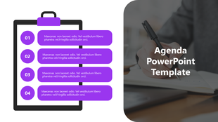Agenda slide with a purple clipboard graphic displaying four numbered sections next to a blurred workspace image.