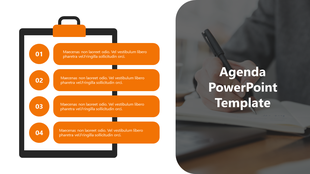 Four agenda items displayed on a clipboard with orange accents, paired with a right panel of blurred writing background.