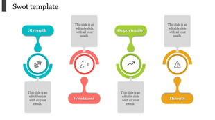 SWOT analysis template featuring four colored segments, each with a title, circular icon, and placeholder text areas.
