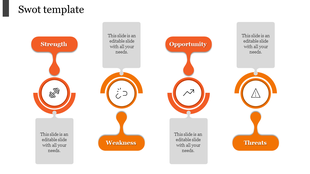Orange circular shapes paired with gray text boxes and lines connecting them for a SWOT analysis layout.