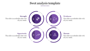 SWOT analysis slide featuring circular sections each represented by icons and text.