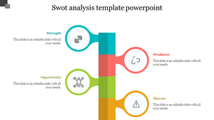 Vertical SWOT chart with circular icons for each segment: strength, weakness, opportunity, and threats, in distinct colors.