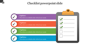 Checklist PowerPoint slide with colorful sections and checkmarks on each item with captions.