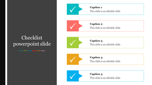 Slide featuring a colorful checklist design with five caption boxes for task management.