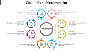 Colorful circle infographic slide featuring eight sections for captions and a central infographic element with text area.