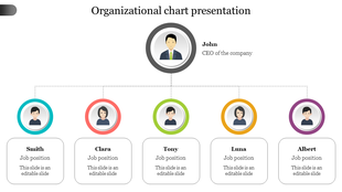Organizational chart with a CEO named John at the top, followed by team members Smith, Clara, Tony, Luna, and Albert.