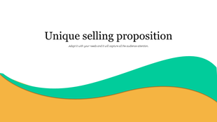 Unique selling proposition slide with a bold black title, wavy green and orange design elements on a white background.