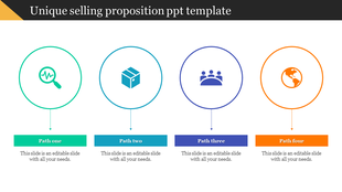 Slide featuring a unique selling proposition with four colored circular icons and corresponding paths with text area.