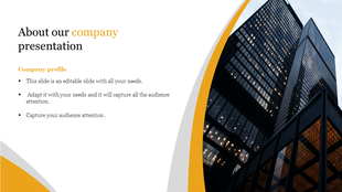 About us slide design with a bold skyscraper image, curved gold and gray elements, and a structured company profile.