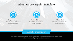 About us slide design with a modern cityscape, a bold title, and three structured sections highlighting key aspects.