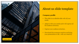About Us PPT template with a yellow section highlighting company details and a city background with a learn more button.