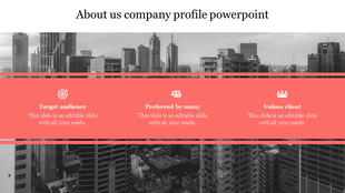 About Us company profile PPT featuring a cityscape background and sections from target audience to client values with icons.