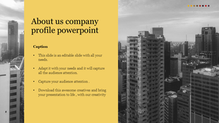 About Us slide with a urban backdrop and three infographic icons in gold, red, and green representing key business factors.