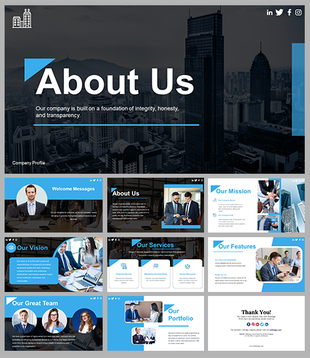 About Us PPT slides with sections for company profile, mission, services, team, and portfolio, set against a cityscape.