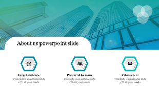 About Us PPT slide with blue hexagonal icons from target audience to values client over a skyscraper background.