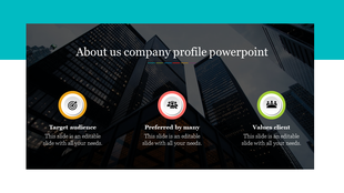 Company profile template with a geometric green theme, a skyscraper image, and multiple slides showcasing business sections.