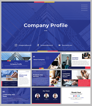 Company profile slide deck with a blue theme, featuring professional team photos, service details, and a thank you slide.