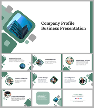 About Us slide with a modern layout, showcasing a monitor with glass buildings and three teal infographic elements 