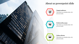 About Us slide with a modern layout, showcasing high-rise buildings on the left and three hexagonal icons on the right.