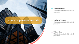 About us slide with city buildings, curved white overlay, three bullet points with dots, and a yellow text box.