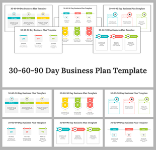 Five 30-60-90 day business plan slide deck showing different layouts with color-coded sections, icons, and timelines.