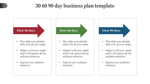 30 60 90 day business plan template with three labeled arrows in red, green, and blue, each pointing toward text boxes.